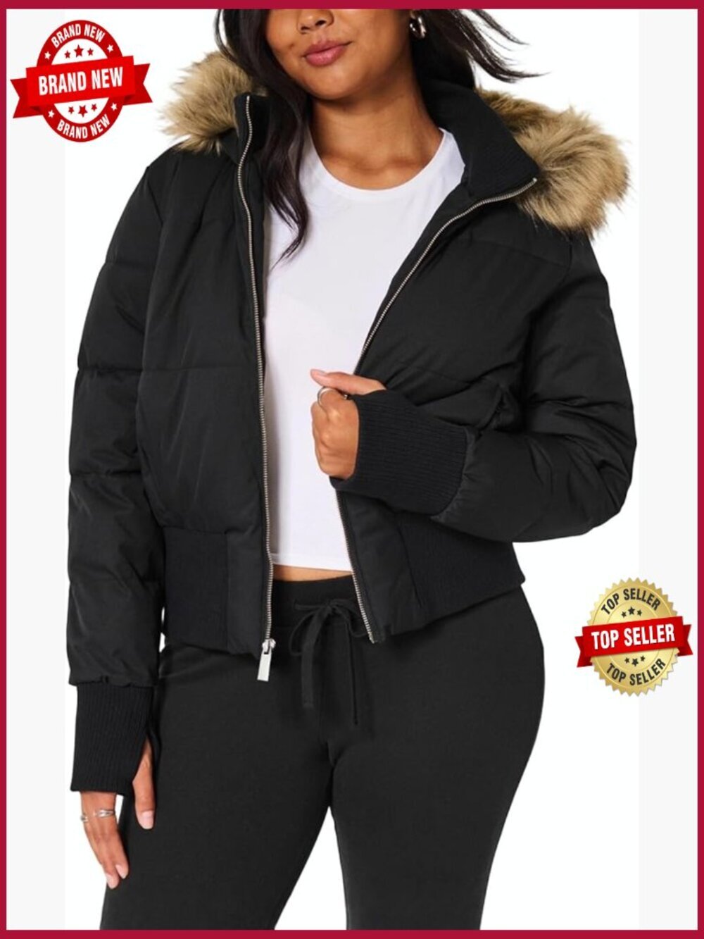 Faux Fur Trim Hooded Quilted Puffer Bomber Coat Cropped Winter Jacket